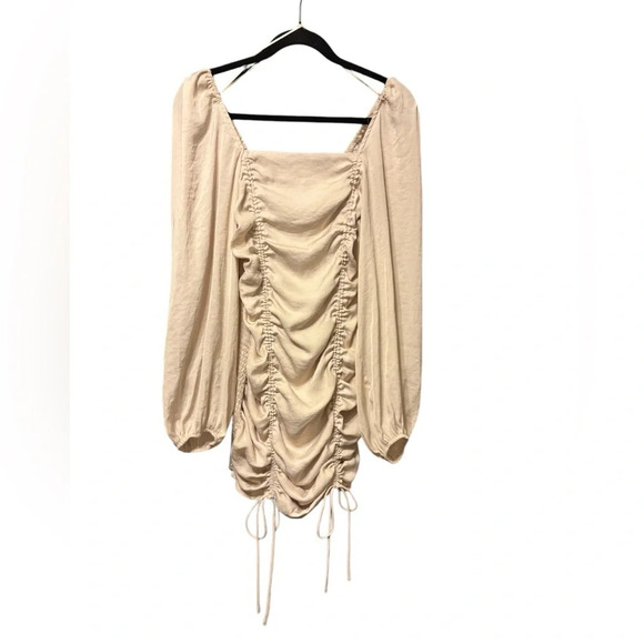 Mable Cream Square Neck Ruched Long Sleeve Bodycon Mini Dress Size Small - Picture 4 of 9